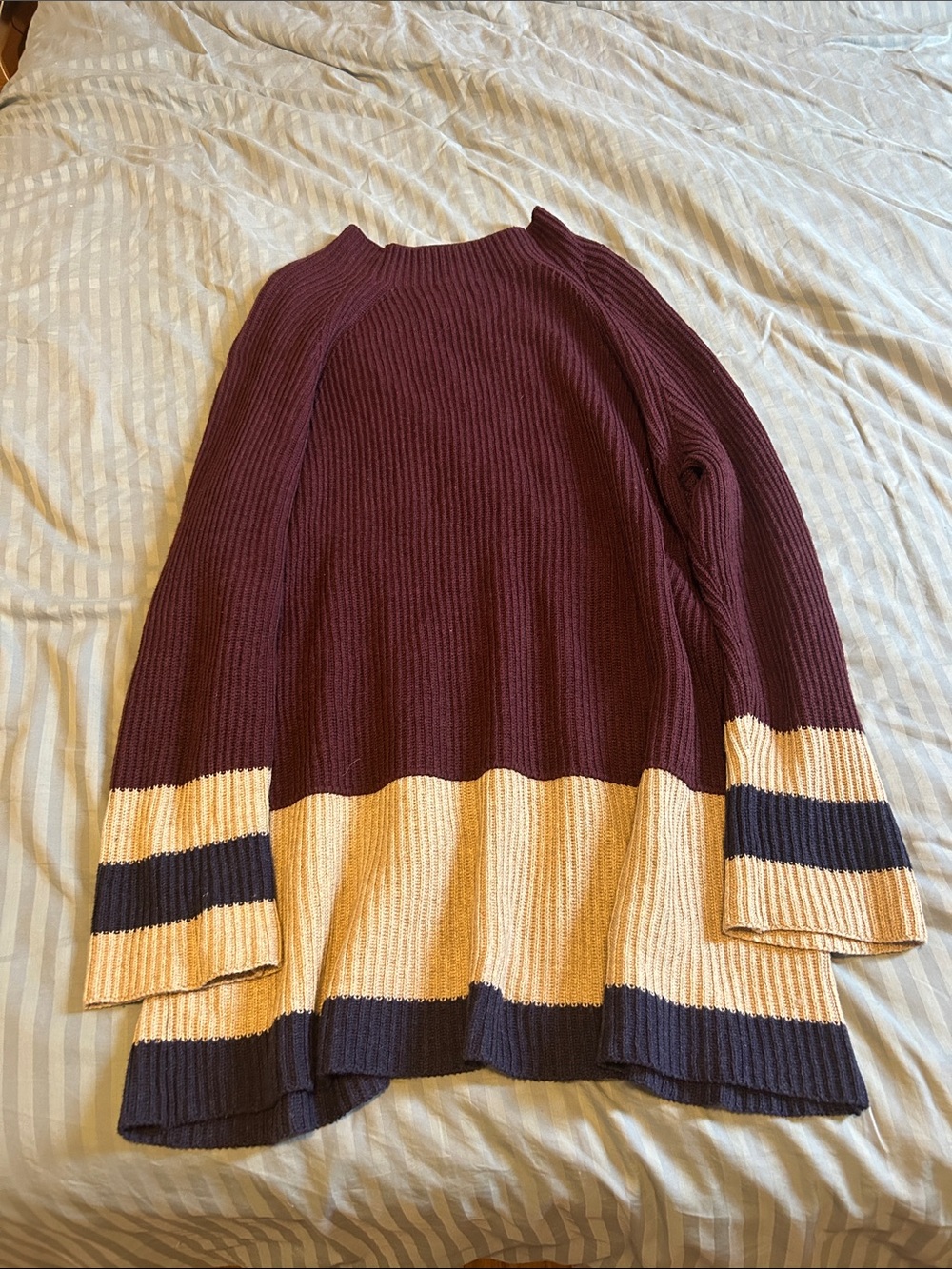 Relaxed Ribbed Crewneck Sweater in Burgundy with Cream & Navy Trim